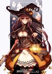  2014 alternate_costume amagi_brilliant_park artist_name belt belt_pouch breasts brown_hair capelet cleavage dated english ghost gun halloween hat jack-o'-lantern lantern large_breasts long_hair monocle pouch rifle sento_isuzu solo trick_or_treat very_long_hair watermark weapon web_address witch_hat x2 yellow_eyes 