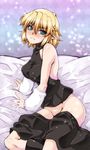  arm_warmers black_legwear blonde_hair blush breasts covered_nipples full-face_blush green_eyes large_breasts md5_mismatch mizuhashi_parsee no_panties ootsuki_wataru pointy_ears short_hair skin_tight skirt skirt_pull sleeveless sleeveless_turtleneck socks solo touhou turtleneck 