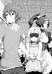  2girls bare_shoulders blindfold blush cuffs greyscale handcuffs highres kasuga_ayumu_(haruhipo) maid mitsuka_souji monochrome multiple_girls novel_illustration official_art ore_twintail_ni_narimasu sakuragawa_mikoto shindou_erina twintails 