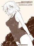  armpits arms_behind_back blush breasts embarrassed greyscale medium_breasts mizuhashi_parsee monochrome one-piece_swimsuit ootsuki_wataru pointy_ears school_swimsuit short_hair solo swimsuit touhou translation_request wet wet_clothes wet_swimsuit wristband 