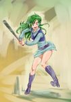  baseball_bat blue_eyes boots elchi_cargo female green_hair long_hair panties pantyshot sentou_mecha_xabungle solo underwear yosaku 