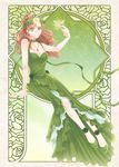  arm_support art_nouveau bare_shoulders bishoujo_senshi_sailor_moon breasts brown_hair bug butterfly choker cleavage collarbone dress earrings flower full_body green_choker green_dress green_eyes hair_ribbon insect jewelry jupiter_symbol kino_makoto laurel_crown long_hair medium_breasts necklace nickii25 ponytail princess_jupiter ribbon sitting smile solo 