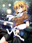  against_railing arm_warmers blonde_hair breasts cowboy_shot fireflies green_eyes hair_ribbon large_breasts looking_at_viewer md5_mismatch mizuhashi_parsee ootsuki_wataru pointy_ears railing ribbon scarf short_hair skirt solo touhou 