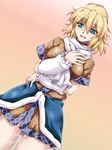  arm_warmers blonde_hair blush breasts dutch_angle green_eyes large_breasts md5_mismatch mizuhashi_parsee ootsuki_wataru pointy_ears pussy_juice pussy_juice_trail scarf short_hair skirt solo standing sweatdrop touhou 