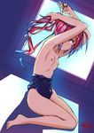  2014 adjusting_hair armpits arms_up barefoot blush breasts dated def_(chronowarld) hair_ribbon hair_tie i-168_(kantai_collection) kantai_collection long_hair looking_at_viewer nipples one-piece_swimsuit ponytail profile red_eyes red_hair ribbon rubber_band school_swimsuit shadow signature sitting small_breasts swimsuit swimsuit_pull wariza window 
