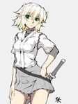  blonde_hair breasts contrapposto cosplay green_eyes hand_on_hip hand_on_thigh head_tilt ise_(kantai_collection) ise_(kantai_collection)_(cosplay) kantai_collection md5_mismatch medium_breasts mizuhashi_parsee ootsuki_wataru pointy_ears scabbard sheath sheathed short_hair short_sleeves skirt solo standing sword touhou weapon 