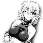  arm_warmers breasts collarbone covered_nipples crossed_arms greyscale large_breasts md5_mismatch mizuhashi_parsee monochrome one_eye_closed ootsuki_wataru pointy_ears short_hair sleeveless sleeveless_turtleneck solo touhou turtleneck 