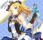  2014 ;) asymmetrical_gloves ayase_eli black_gloves blonde_hair blue_eyes blush bow cafe_maid character_name dated detached_collar elbow_gloves english gloves happy_birthday hat idol long_hair looking_at_viewer love_live! love_live!_school_idol_project microphone microphone_stand mismatched_gloves necktie one_eye_closed ponytail ribbon scrunchie shirabi single_elbow_glove smile solo striped striped_bow striped_ribbon treble_clef 