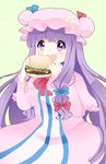  blush commentary crescent eating food green_background hamburger hat heart heart-shaped_pupils long_hair nashira_(shioiri) open_mouth patchouli_knowledge purple_eyes purple_hair simple_background solo symbol-shaped_pupils touhou very_long_hair 