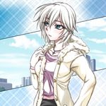  anastasia_(idolmaster) blue_eyes breasts casual coat cross cross_necklace fur_trim idolmaster idolmaster_cinderella_girls jewelry md5_mismatch medium_breasts necklace ootsuki_wataru short_hair silver_hair solo 