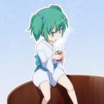  blush bucket can canned_coffee cato_(monocatienus) green_eyes green_hair hair_bobbles hair_ornament kisume legs open_mouth outline robe sash sitting sitting_on_object solo steam touhou twintails 