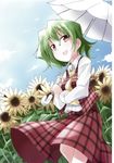  :d ascot bibi day field flower flower_field green_hair highres holding kazami_yuuka looking_at_viewer open_mouth parasol plaid plaid_skirt plaid_vest red_eyes scan short_hair skirt sky smile solo sunflower touhou umbrella vest 
