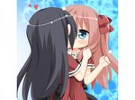  2girls ayase_miya azumi_risa black_hair blush chibi hand_on_another&#039;s_shoulder hand_on_another's_shoulder heart hearts kiss multiple_girls peko pink_hair sono_hanabira_ni_kuchizuke_wo yuri 