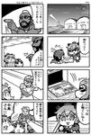  2girls 4koma :d alternate_costume bespectacled comic crossover diving_mask diving_mask_on_head glasses greyscale gun handgun headgear highres holding kantai_collection maru-yu_(kantai_collection) monochrome mr_t multiple_4koma multiple_girls open_mouth seed shima_noji_(dash_plus) short_hair smile sunflower_seed sunglasses tears teeth the_a-team translation_request weapon yukikaze_(kantai_collection) 
