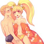  1boy 1girl back blonde_hair blush breasts danganronpa japanese_clothes kimono kuzuryuu_fuyuhiko looking_back no_bra panties saionji_hiyoko small_breasts super_danganronpa_2 twintails underwear 