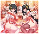  alternate_costume ass bird black_hair blush breasts cleavage come_hither commentary_request covered_nipples crane_(animal) daruma_doll fishnet_legwear fishnets fusou_(kantai_collection) hair_ornament holding_hands japanese_clothes kantai_collection kimono large_breasts long_hair looking_at_viewer lying maneki-neko mimonel multiple_girls on_side open_mouth outstretched_hand patriotism red-crowned_crane red_eyes ribbon-trimmed_legwear ribbon-trimmed_sleeves ribbon_trim rising_sun short_hair smile sunburst sweat thighhighs underboob yamashiro_(kantai_collection) yukata 