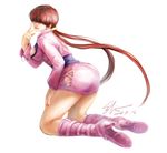  boots brown_hair cropped_jacket dated eykihan full_body hair_over_eyes knee_boots kneeling lips lipstick long_hair makeup miniskirt shermie signature skirt solo split_ponytail the_king_of_fighters 