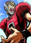  1 1boy blonde_hair eyeshield_21 football football_uniform helmet hiruma_youichi male_focus open_mouth sharp_teeth sport sports sportswear uniform wristband 