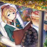  argyle argyle_legwear ayase_eli blonde_hair blue_eyes book cake food kalian love_live! love_live!_school_idol_project ponytail sitting skirt solo tears thighhighs 