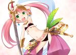  :d armlet armpits bikini bracelet chaps dancer_(sekaiju) feathers green_eyes jewelry long_hair minami_juujisei navel open_mouth pink_hair sekaiju_no_meikyuu sekaiju_no_meikyuu_4 smile solo sweat swimsuit sword twintails weapon 