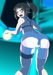  1girl ass back bare_shoulders bent_over bike_shorts blue_eyes breasts brown_hair diabolic-mario fat_mons from_behind gundam gundam_build_fighters gundam_build_fighters_try hoshino_fumina huge_ass leaning leaning_forward long_hair looking_at_viewer looking_back medium_breasts open_mouth ponytail scrunchie sideboob solo sports_bra sweat tank_top thigh_strap turning_head wide_hips 