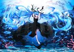  absurdly_long_hair absurdres armpits arms_up artist_name barefoot blue_eyes blue_hair bubble coral dress floating_hair hair_ribbon hatsune_miku highres litsvn long_hair ribbon shinkai_shoujo_(vocaloid) smile solo submerged twintails underwater very_long_hair vocaloid 