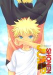  1boy arms_up artist_request back back-to-back blonde_hair blue_eyes blue_sky dual_persona naruto shirt sky spiked_hair t-shirt tears uzumaki_naruto whiskers younger 