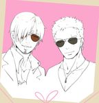  artist_name color_background facial_hair goatee hair_over_one_eye male_focus monochrome multiple_boys one-eyed one_piece pink_background rany roronoa_zoro sanji smile sunglasses 