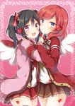 angel_wings black_hair blush bow cardigan gomano_rio hair_bow hair_ornament headset heart heart_hair_ornament hug long_hair long_sleeves looking_at_viewer love_live! love_live!_school_idol_project multiple_girls nishikino_maki open_cardigan open_clothes open_mouth pleated_skirt purple_eyes red_eyes red_hair short_hair skirt smile thighhighs twintails valentine wings yazawa_nico 
