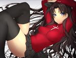  arms_up black_legwear blue_eyes brown_hair commentary fate/stay_night fate_(series) legs_up long_hair looking_at_viewer matarou_(genkai_toppa) pleated_skirt revision sidelocks skirt solo thighhighs toosaka_rin turtleneck two_side_up very_long_hair 