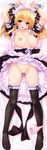  1girl absurdres arms_up black_legwear blonde_hair blush bra breasts dakimakura dress dress_lift dress_pull green_eyes highres huge_filesize large_breasts maid maid_headdress nipples open_bra open_mouth panties panties_around_leg panty_pull pink_bra pink_panties prism_recollection! pussy_juice shintarou thighhighs uisaki_hinano uncensored underwear 