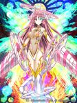  akaza boots breasts demon_girl drill green_eyes gyakushuu_no_fantasica halo horns large_breasts leotard long_hair looking_at_viewer multiple_horns navel official_art original parted_lips pink_eyes pink_hair see-through solo stained_glass tail thigh_boots thighhighs white_legwear white_leotard 