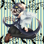  1boy 1girl black_hair black_legwear character_name filia_(skullgirls) futakuchi-onna highres parasite prehensile_hair profile red_eyes samson_(skullgirls) school_uniform skirt skullgirls teeth thighhighs yellow_eyes 