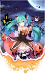  &gt;_&lt; :3 bare_shoulders bat bat_wings candy candy_cane closed_eyes collarbone detached_sleeves ello fang fang_out food green_eyes green_hair halloween happy_halloween hatsune_miku highres holding horns jack-o'-lantern long_hair looking_at_viewer pantyhose smile solo striped striped_legwear twintails vocaloid wings x3 