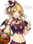  2014 :d ayase_eli bat_wings blonde_hair blue_eyes blush breasts candy dated detached_collar food halloween happy_birthday hat jack-o'-lantern lollipop long_hair looking_at_viewer love_live! love_live!_school_idol_project medium_breasts midriff mini_hat mini_witch_hat momoko_(momopoco) navel open_mouth ponytail smile solo star upper_body v white_background wings witch_hat wrist_cuffs 