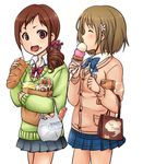  :d akai_mi_ga_bakuhatsu_shita bag bread brown_eyes brown_hair closed_eyes cup double_scoop drill_hair eating english fang flower food food_on_face grocery_bag hair_flower hair_ornament ice_cream ice_cream_cone idolmaster idolmaster_cinderella_girls mimura_kanako multiple_girls oohara_michiru open_mouth paper_bag pink_eyes plastic_bag plate pleated_skirt shopping_bag short_hair simple_background skirt smile tea teacup white_background 