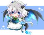  :d ahoge asyuaffw blue_eyes blue_fire blue_wings bow braid chibi dragon_horns dragon_tail dragon_wings fire hair_bow hair_ribbon highres holding horns izayoi_sakuya kemonomimi_mode knife looking_at_viewer maid maid_headdress mega_charizard_x open_mouth pokemon ribbon short_hair silver_hair sketch smile solo tail touhou twin_braids v-shaped_eyebrows wings 