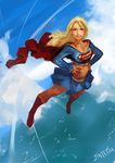  artist_name blonde_hair blue_eyes boots cape cloud crop_top day dc_comics flying full_body hands_on_hips jintetsu knee_boots long_hair looking_at_viewer midriff navel skirt sky smile solo supergirl water 