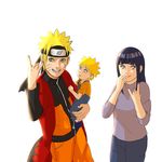  1girl 2boys \m/ blue_eyes carrying child couple family father_and_son female husband_and_wife hyuga_hinata hyuuga_hinata male mother_and_son multiple_boys naruto purple_eyes uzumaki_boruto uzumaki_naruto 