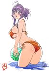  ass ball beachball bikini breasts kanokon large_breasts long_hair looking_at_viewer looking_back minamoto_chizuru purple_eyes purple_hair shikishima_gangu simple_background smile solo striped striped_bikini swimsuit white_background 