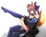  animal_ears blue_legwear bow breasts cleavage demonk detached_sleeves dressing fate/extra fate_(series) fox_ears fox_tail hair_bow hair_ribbon highres japanese_clothes medium_breasts outstretched_leg pink_hair ribbon solo tail tamamo_(fate)_(all) tamamo_no_mae_(fate) thighhighs thighhighs_pull twintails yellow_eyes 