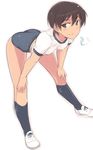  ass bent_over blush brown_hair buruma em gym_uniform hands_on_own_knees kneehighs looking_at_viewer navy_blue_legwear outline shirt shoes short_hair short_sleeves sketch solo strike_witches_zero tan tomboy wakamoto_tetsuko white_background white_shirt world_witches_series 