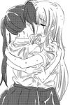  2girls couple doujinshi eyes_closed fate_testarossa hug kiss long_hair lyrical_nanoha mahou_shoujo_lyrical_nanoha mahou_shoujo_lyrical_nanoha_a&#039;s mahou_shoujo_lyrical_nanoha_a's monochrome multiple_girls ponytail school_uniform takamachi_nanoha tokoharu uniform very_long_hair wet yuri 