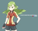  ace_trainer_(pokemon) bad_id bad_twitter_id bike_shorts fingerless_gloves gloves green_eyes green_hair holding holding_poke_ball poke_ball pokemon pokemon_(game) pokemon_oras solo souji 