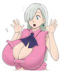  1girl absurdres bare_shoulders breasts bursting_breasts cleavage_cutout earrings elizabeth_(persona) elizabeth_liones female grey_eyes hair_over_one_eye highres huge_breasts jewelry long_hair midriff muronaga_chaashuu nanatsu_no_taizai necktie open_mouth silver_hair simple_background solo straining_buttons surprised upper_body wardrobe_malfunction white_background 