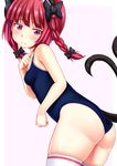  animal_ears ass bare_arms bare_shoulders black_bow blush border bow braid breasts cat_ears cat_tail clenched_hand covered_nipples cowboy_shot ebi_193 eyebrows_visible_through_hair fang fang_out hair_bow hand_up kaenbyou_rin long_hair looking_at_viewer md5_mismatch multiple_tails nekomata one-piece_swimsuit purple_background red_eyes red_hair school_swimsuit shiny shiny_skin simple_background skindentation small_breasts solo standing swimsuit tail thighhighs thighs touhou twin_braids two_tails white_background white_border white_legwear 