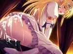  1girl angelica_rothschild ass blonde_hair blush censored cum cum_in_pussy cum_on_ass cum_on_body cum_on_clothes cum_on_lower_body dress elf game_cg girl_on_top green_eyes highres himekishi_angelica ishigaki_takashi legs long_hair lying no_panties open_mouth penis pointy_ears pussy saliva sitting sitting_on_person sweat thighs 
