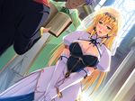  1girl angelica_rothschild blonde_hair blush book breasts bridal_veil bride cleavage dress elbow_gloves elf game_cg gloves green_eyes happy highres himekishi_angelica ishigaki_takashi large_breasts long_hair open_mouth pointy_ears priest smile standing veil wedding 