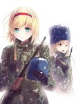  alice_margatroid alternate_costume aqua_eyes assault_rifle black_gloves blonde_hair braid culter gloves gun hairband hat hat_removed headwear_removed kirisame_marisa military military_uniform multiple_girls open_mouth rifle russian_clothes single_braid smile snowing touhou uniform weapon yellow_eyes 