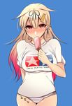  arm_behind_back bangs blonde_hair blue_background blush breasts cowboy_shot ear_piercing eating food gradient_hair hair_flaps hair_ornament hair_ribbon hairclip kantai_collection large_breasts long_hair multicolored_hair no_pants panties piercing popsicle print_shirt red_eyes red_hair remodel_(kantai_collection) ribbon safety_pin sexually_suggestive shirt shisei_(kyuushoku_banchou) short_sleeves simple_background solo striped striped_panties t-shirt tally tamiya_incorporated underwear white_panties white_shirt yuudachi_(kantai_collection) 